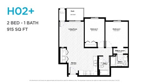 Floor plan for 2 beds, 1 bath, 892 sqft